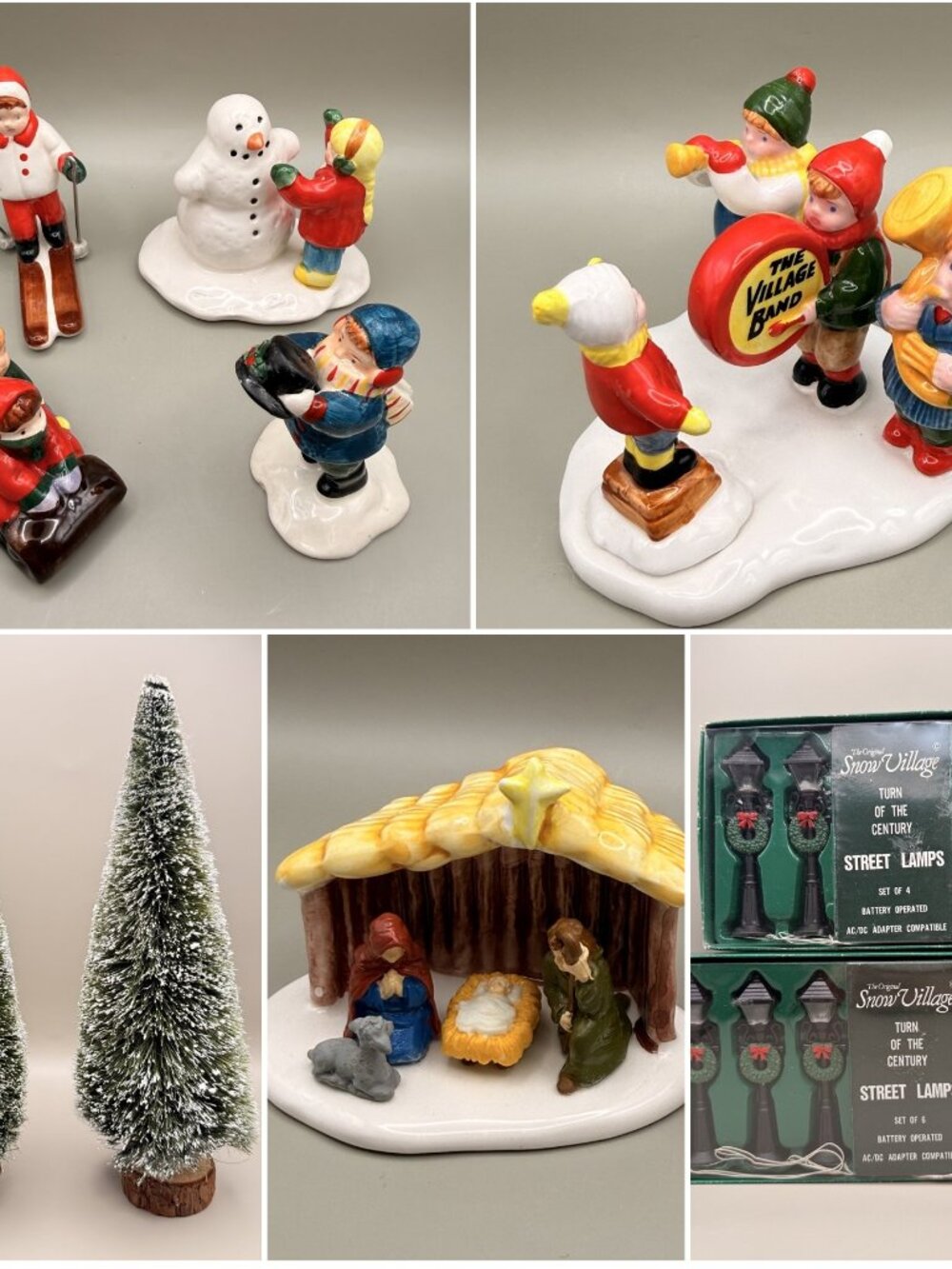 Dept 56 Snow Village Accessories Lot Snow Kids Band Nativity Trees Lamps